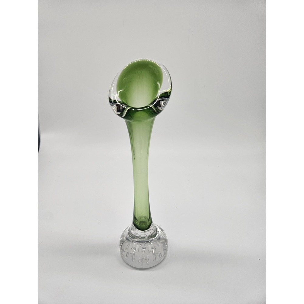 Vtg Aseda Sweden Green Jack In The Pulpit Art Glass Bone Vase Controlled Bubbles